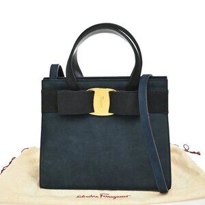 SALVATORE FERRAGAMO Vara 2Way Shouldr Hand Bag Suede Leather Navy Blue 36RF460